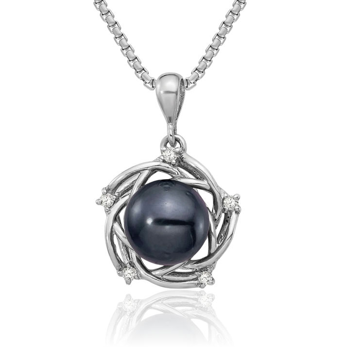 14K Solid White Gold 8mm Black Round Tahitian Saltwater Cultured Pearl .075 Diamond Necklace Chain Pendant Charm