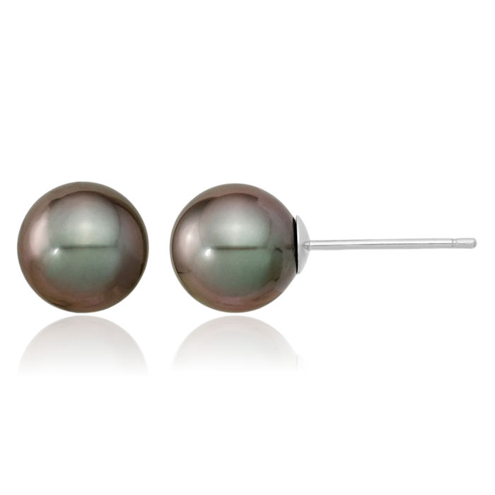 14K Solid White Gold 8mm Black Round Tahitian Saltwater Cultured Pearl Stud Earrings