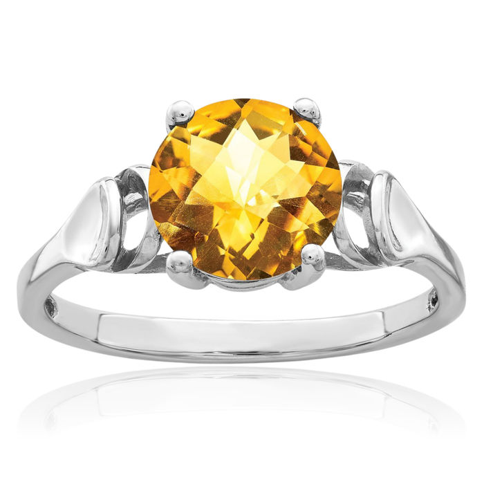 14K Solid White Gold 8mm Yellow Orange Citrine Checker Ring Gemstone Band November Birthstone Jewelry