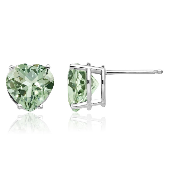 14K Solid White Gold 8mm Heart Green Quartz Studs Gemstone Earrings August Birthstone Jewelry