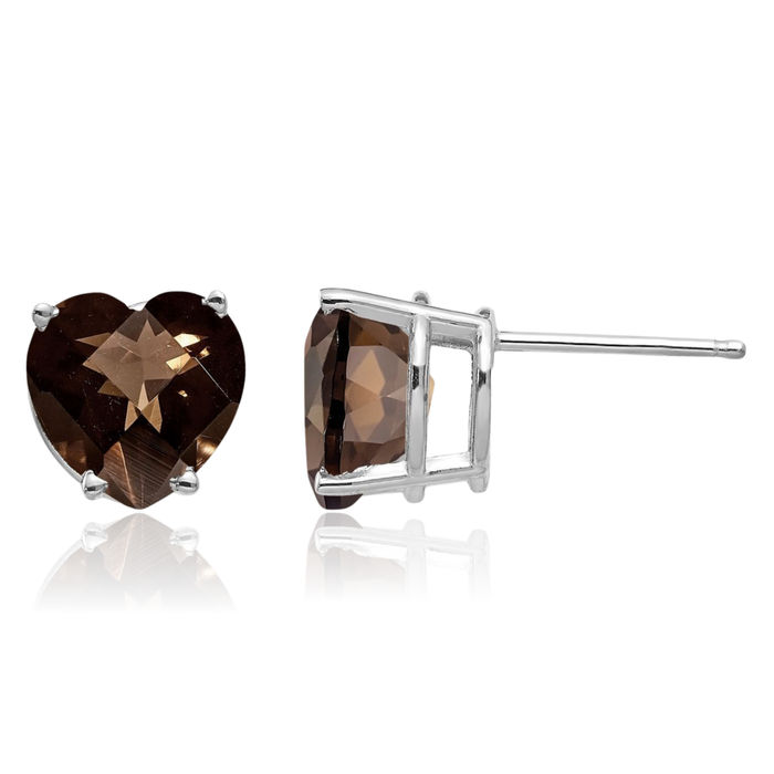 14K Solid White Gold 8mm Heart Checker Cut Brown Smoky Quartz Studs Gemstone Earrings June Birthstone Jewelry