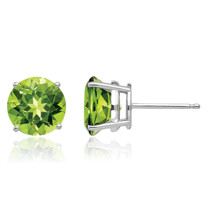 14K Solid White Gold 8mm Green Peridot Studs Gemstone Solitaire Earrings August Birthstone Jewelry