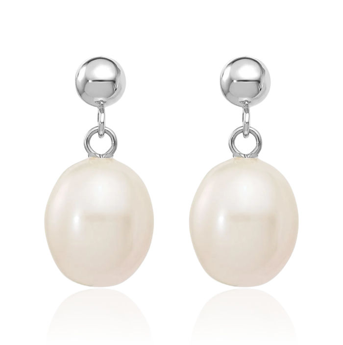 14K Solid White Gold 8mm Rice Freshwater Cultured Pearl Post Drop Dangle Earrings