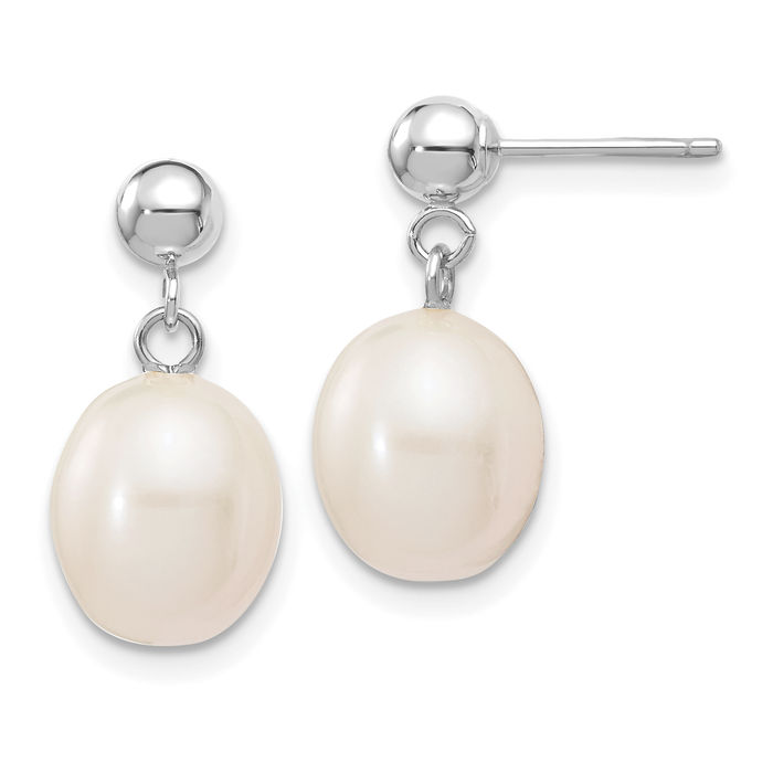 14K Solid White Gold 8mm Rice Freshwater Cultured Pearl Post Drop Dangle Earrings