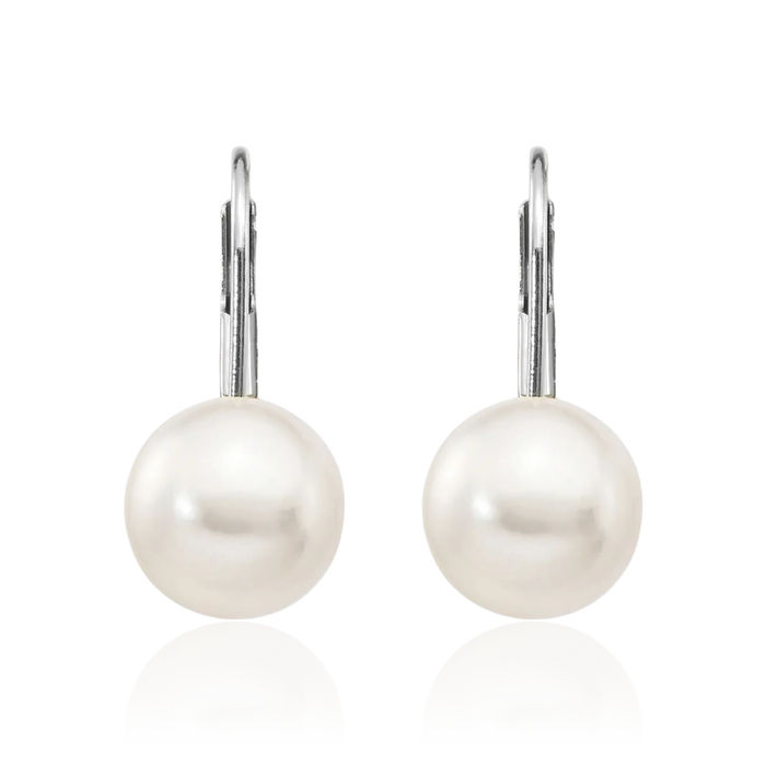 14K Solid White Gold 8mm Round Akoya Saltwater Cultured Pearl Drop Dangle Earrings