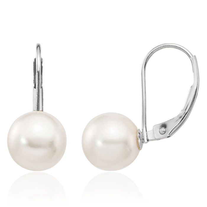 14K Solid White Gold 8mm Round Akoya Saltwater Cultured Pearl Drop Dangle Earrings