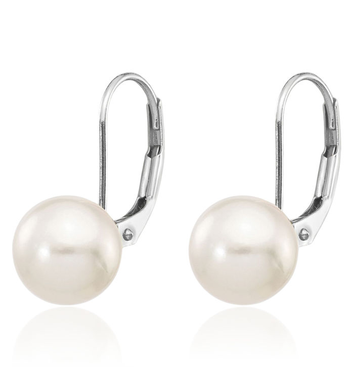 14K Solid White Gold 8mm Round Akoya Saltwater Cultured Pearl Drop Dangle Earrings