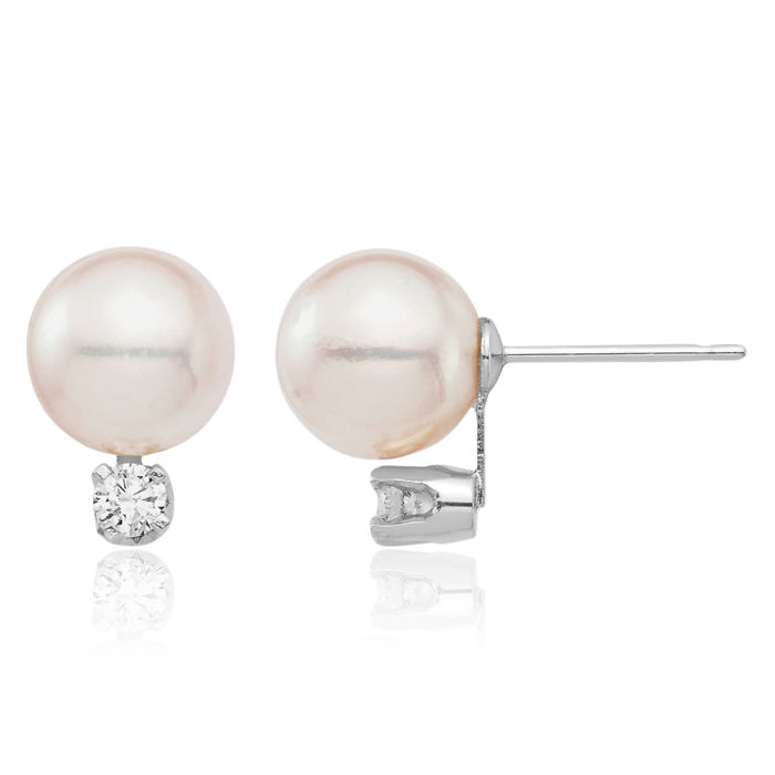 14K Solid White Gold 8mm Round Akoya Saltwater Cultured Pearl Diamond Stud Earrings