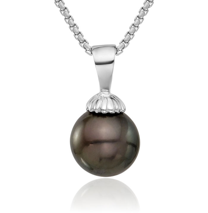 14K Solid White Gold 8mm Round Black Tahitian Pearl Necklace Chain Pendant Charm