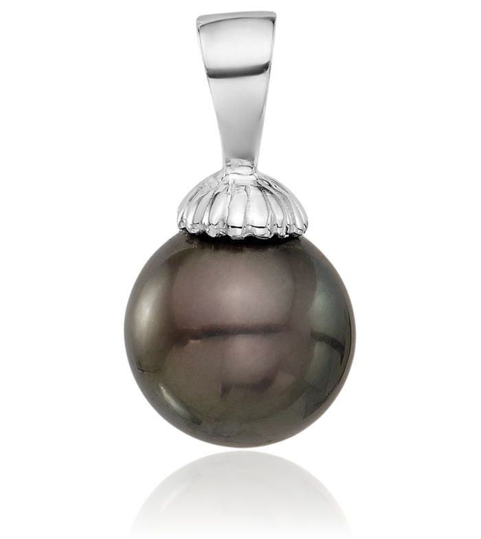 14K Solid White Gold 8mm Round Black Tahitian Pearl Necklace Chain Pendant Charm