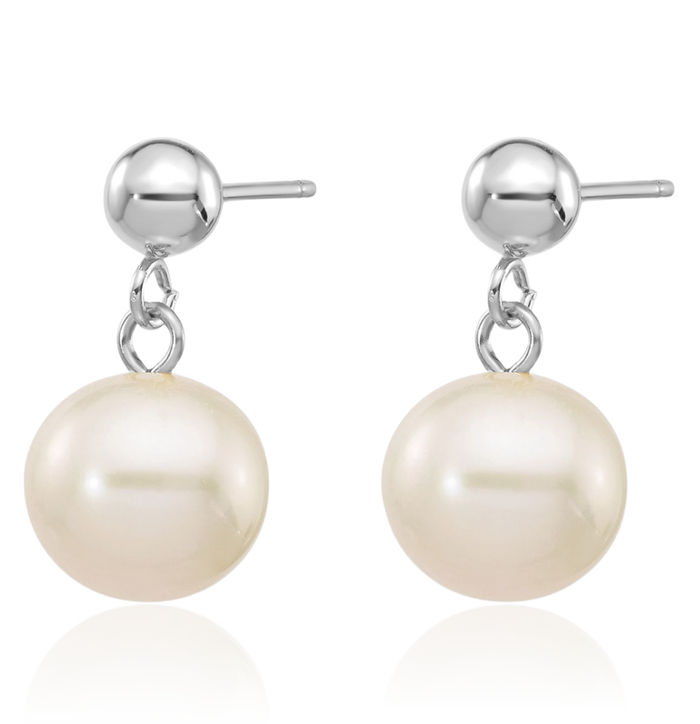 14K Solid White Gold 8mm Round Freshwater Cultured Pearl Post Drop Dangle Earrings