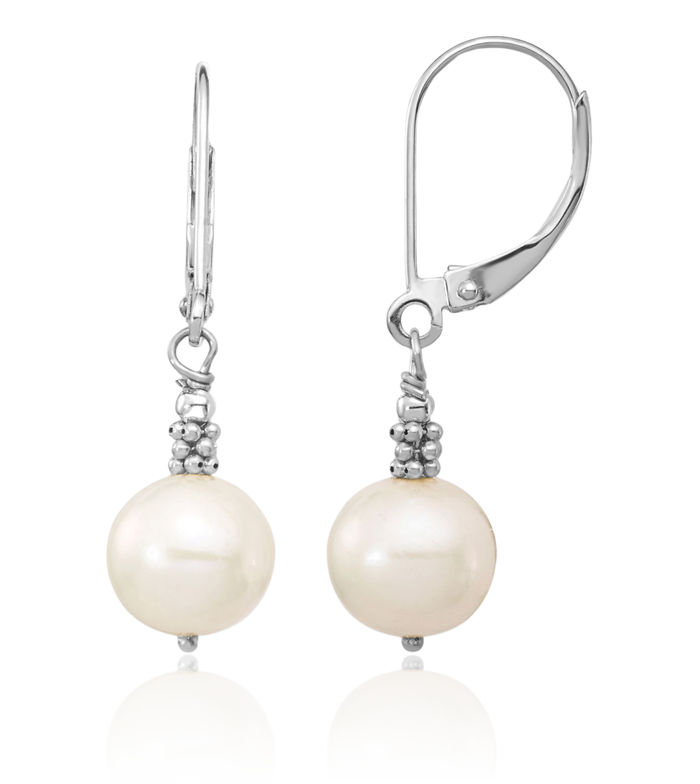 14K Solid White Gold 8mm Near Round Freshwater Cultured Pearl Drop Dangle Earrings