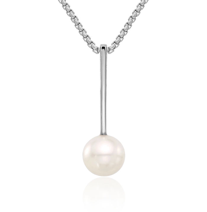 14K Solid White Gold 8mm Round Freshwater Cultured Pearl Drop Floating Chain Slide Pendant Necklace Charm