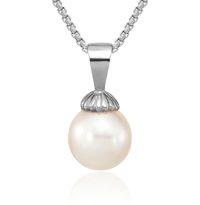 14K Solid White Gold 8mm Round Freshwater Cultured Pearl Necklace Chain Pendant Charm