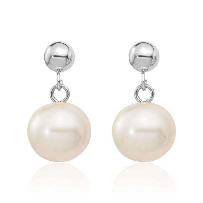 14K Solid White Gold 8mm Round Freshwater Cultured Pearl Post Drop Dangle Earrings