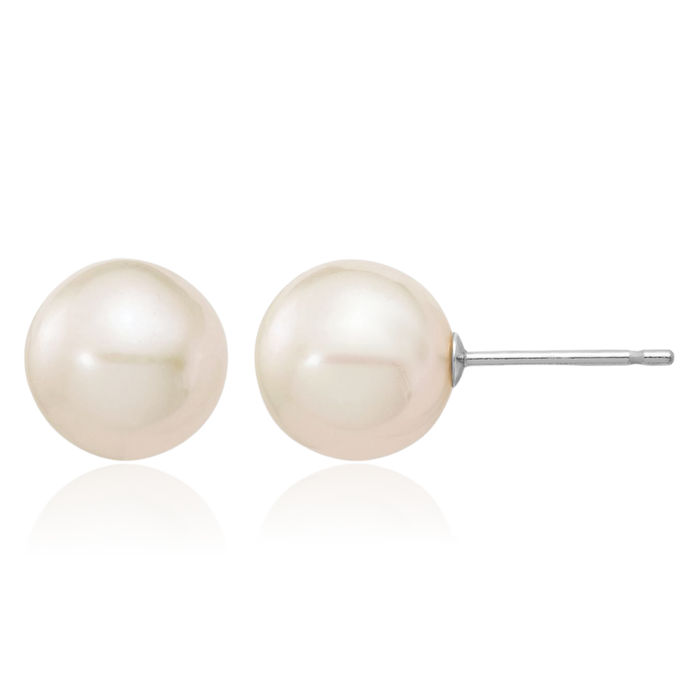 14K Solid White Gold 8mm Round Freshwater Cultured Pearl Stud Earrings