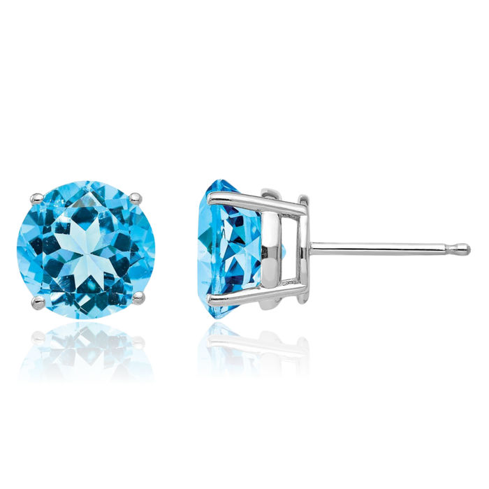 14K Solid White Gold 8mm Swiss Blue Topaz Studs Gemstone Solitaire Earrings December Birthstone Jewelry