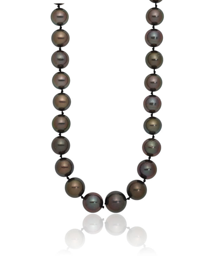 14K Solid White Gold 9 12mm Black Round Tahitian Saltwater Cultured Pearl Graduated Necklace Chain