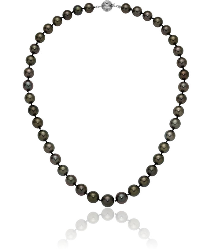 14K Solid White Gold 9 12mm Black Round Tahitian Saltwater Cultured Pearl Graduated Necklace Chain