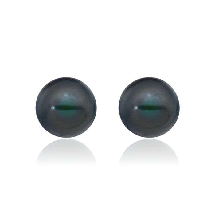 14K Solid White Gold 9mm Black Round Freshwater Cultured Pearl Stud Earrings