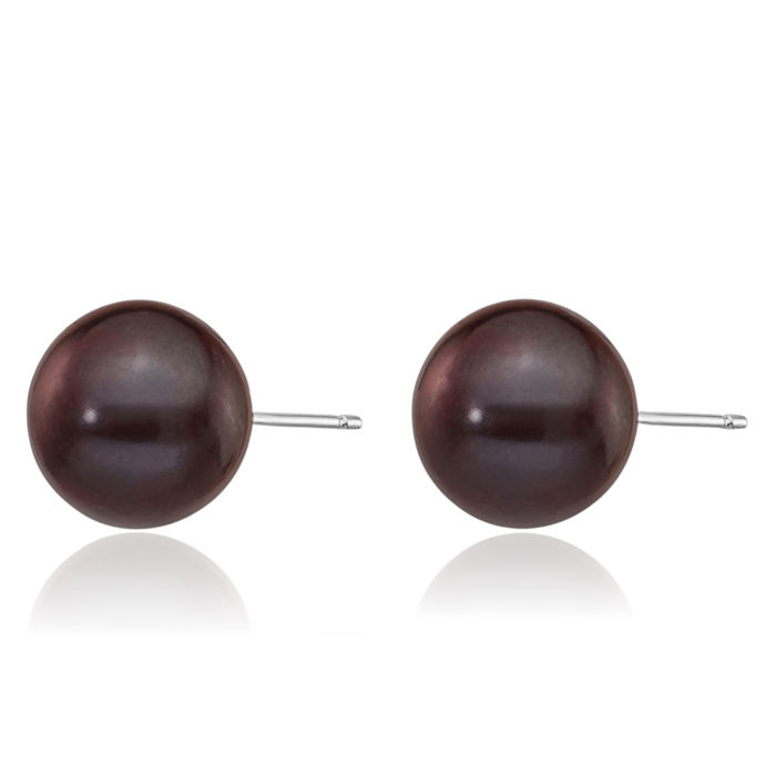 14K Solid White Gold 9mm Black Round Freshwater Cultured Pearl Stud Earrings