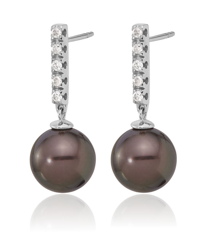 14K Solid White Gold 9mm Black Round Tahitian Saltwater Cultured Pearl .20c Diamond Post Drop Dangle Earrings