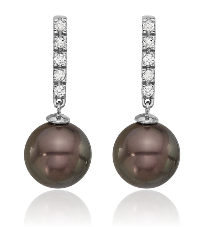 14K Solid White Gold 9mm Black Round Tahitian Saltwater Cultured Pearl .20c Diamond Post Drop Dangle Earrings