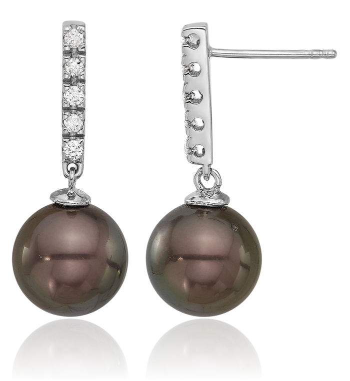 14K Solid White Gold 9mm Black Round Tahitian Saltwater Cultured Pearl .20c Diamond Post Drop Dangle Earrings