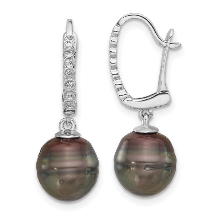 14K Solid White Gold 9mm Black Round Tahitian Saltwater Cultured Pearl .07 Diamond Drop Dangle Earrings