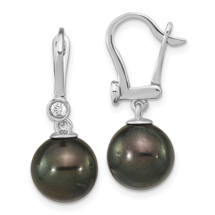 14K Solid White Gold 9mm Black Round Tahitian Saltwater Cultured Pearl .10 Diamond Drop Dangle Earrings