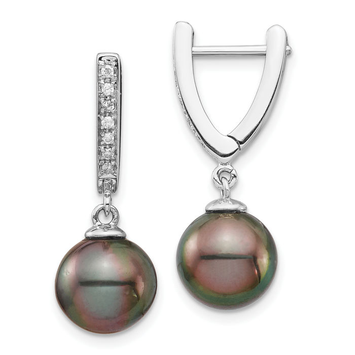 14K Solid White Gold 9mm Black Round Tahitian Saltwater Cultured Pearl .10 Diamond Drop Dangle Earrings