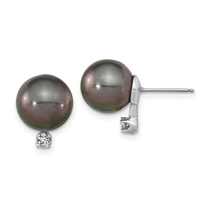 14K Solid White Gold 9mm Black Round Tahitian Saltwater Cultured Pearl .10 Diamond Stud Earrings