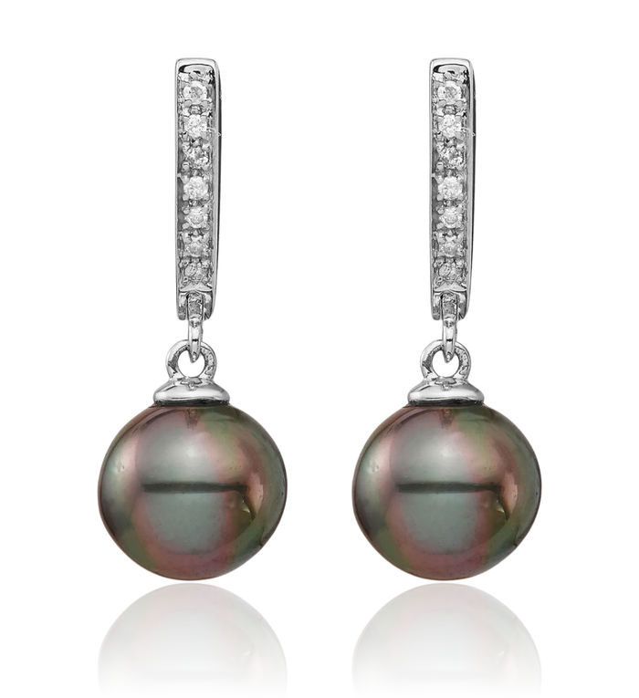 14K Solid White Gold 9mm Black Round Tahitian Saltwater Cultured Pearl .10 Diamond Drop Dangle Earrings