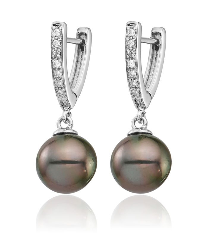 14K Solid White Gold 9mm Black Round Tahitian Saltwater Cultured Pearl .10 Diamond Drop Dangle Earrings