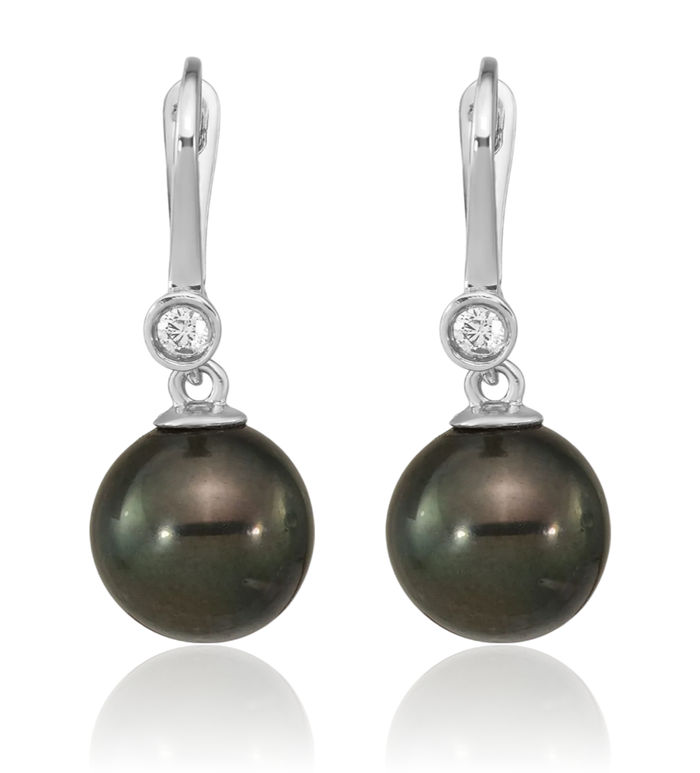 14K Solid White Gold 9mm Black Round Tahitian Saltwater Cultured Pearl .10 Diamond Drop Dangle Earrings