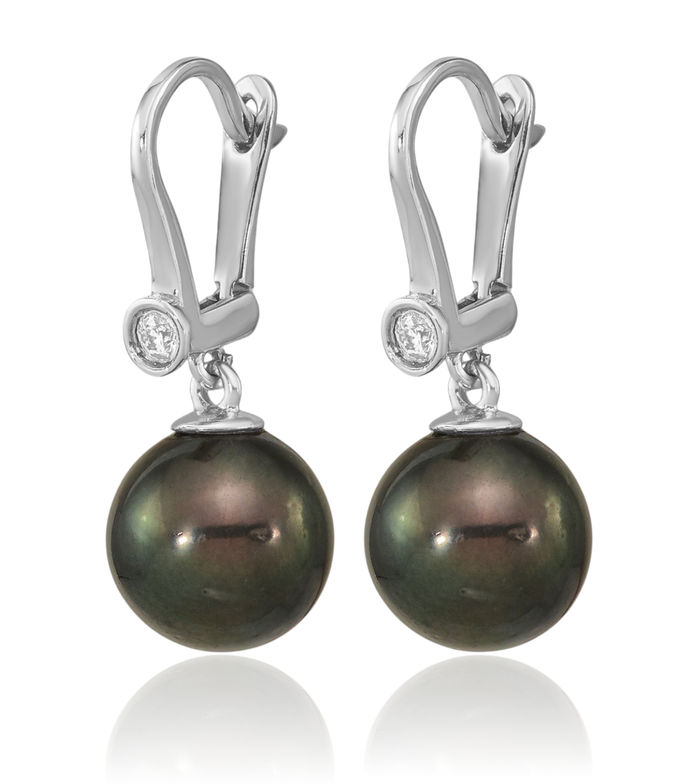 14K Solid White Gold 9mm Black Round Tahitian Saltwater Cultured Pearl .10 Diamond Drop Dangle Earrings