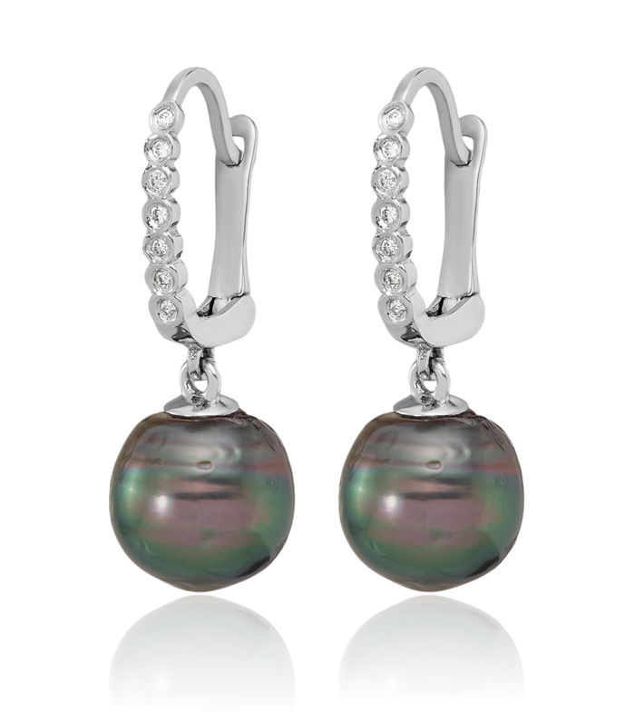 14K Solid White Gold 9mm Black Round Tahitian Saltwater Cultured Pearl .07 Diamond Drop Dangle Earrings