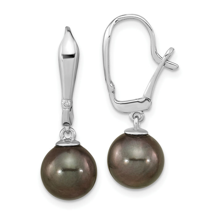 14K Solid White Gold 9mm Black Round Tahitian Saltwater Cultured Pearl Diamond Drop Dangle Earrings