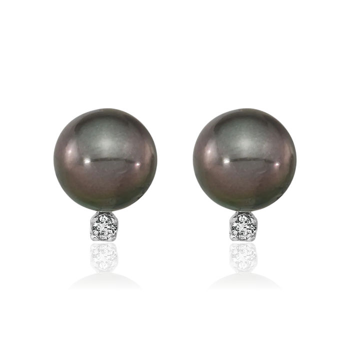 14K Solid White Gold 9mm Black Round Tahitian Saltwater Cultured Pearl .10 Diamond Stud Earrings