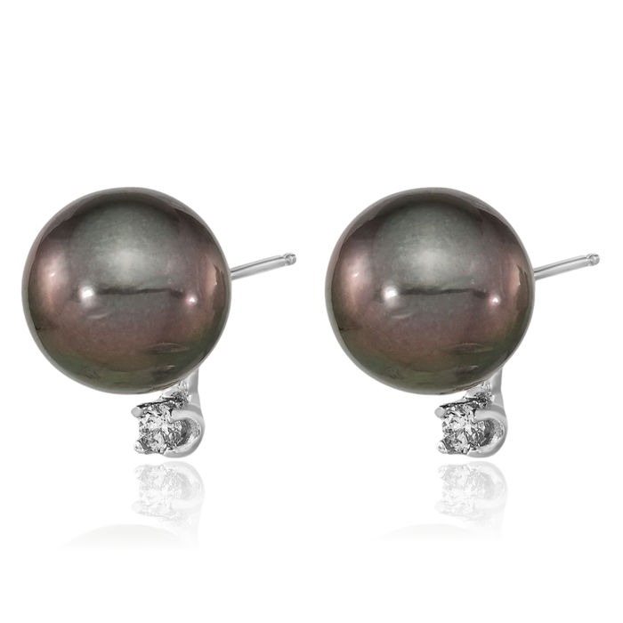 14K Solid White Gold 9mm Black Round Tahitian Saltwater Cultured Pearl .10 Diamond Stud Earrings