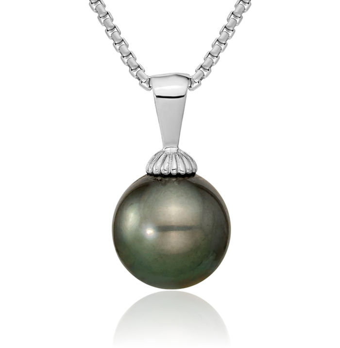 14K Solid White Gold 9mm Black Round Tahitian Saltwater Cultured Pearl Necklace Chain Pendant Charm