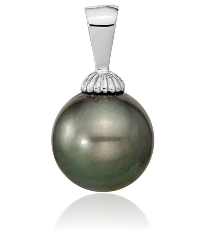 14K Solid White Gold 9mm Black Round Tahitian Saltwater Cultured Pearl Necklace Chain Pendant Charm