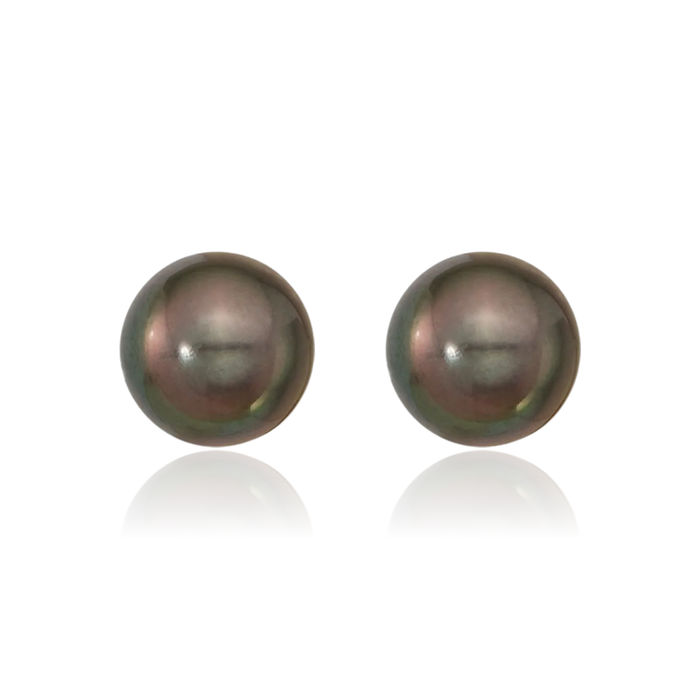 14K Solid White Gold 9mm Black Round Tahitian Saltwater Cultured Pearl Stud Earrings