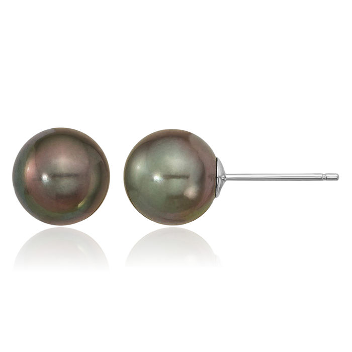 14K Solid White Gold 9mm Black Round Tahitian Saltwater Cultured Pearl Stud Earrings