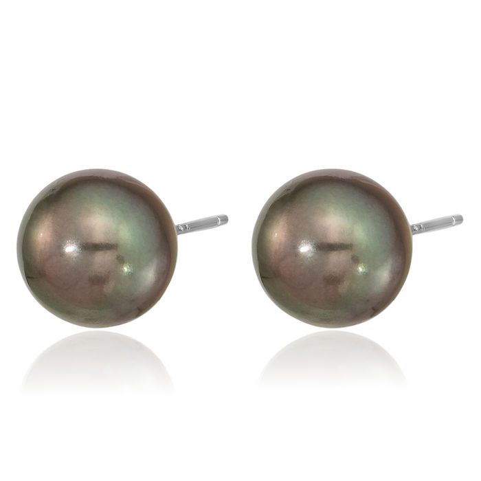 14K Solid White Gold 9mm Black Round Tahitian Saltwater Cultured Pearl Stud Earrings