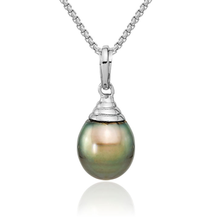 14K Solid White Gold 9mm Black Teardrop Tahitian Saltwater Cultured Pearl Necklace Chain Pendant Charm