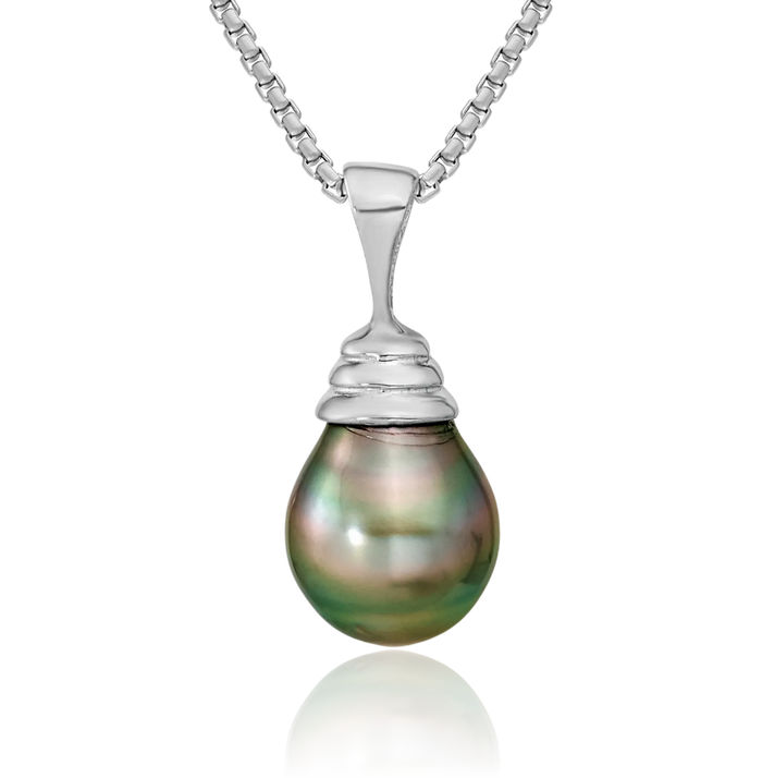 14K Solid White Gold 9mm Black Teardrop Tahitian Saltwater Cultured Pearl Necklace Chain Pendant Charm