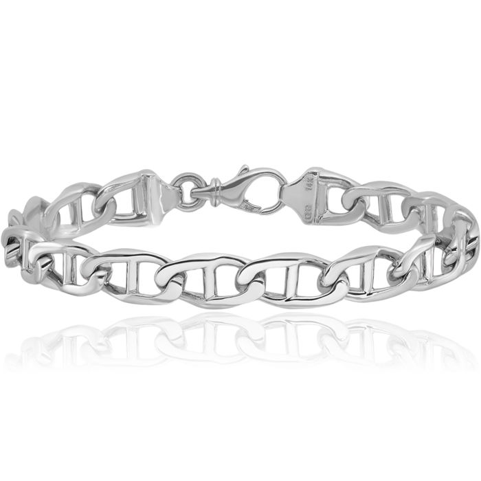 14K Solid White Gold 9mm Anchor Mariner Link Chain Bracelet