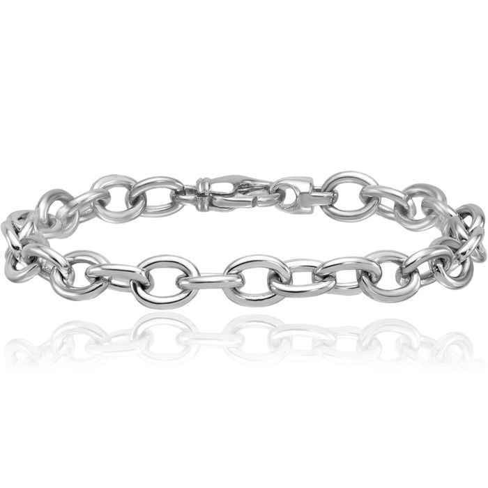 14K Solid White Gold 9mm Oval Cable Rolo Link Chain Bracelet