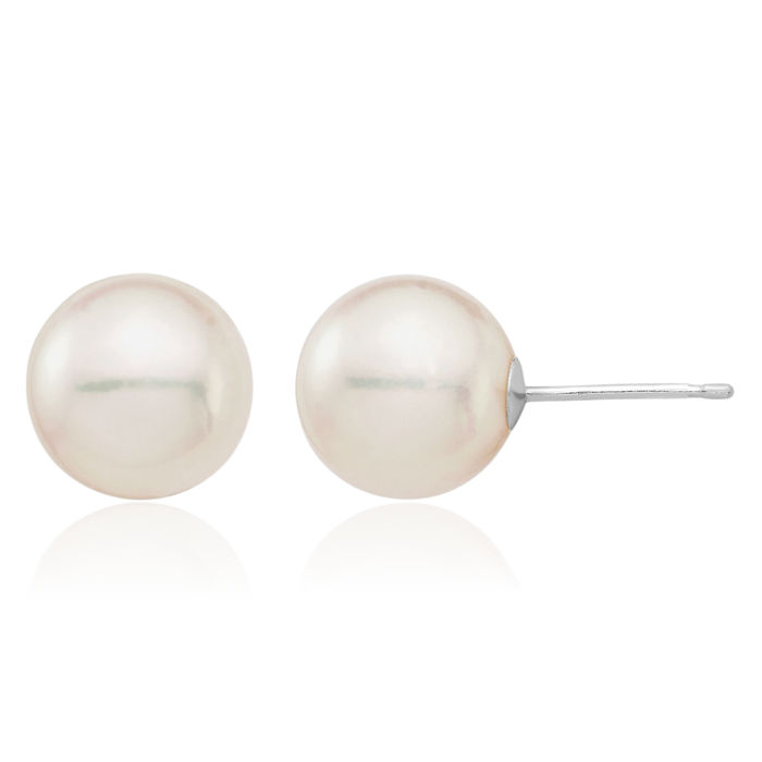 14K Solid White Gold 9mm Round Akoya Saltwater Cultured Pearl Stud Earrings